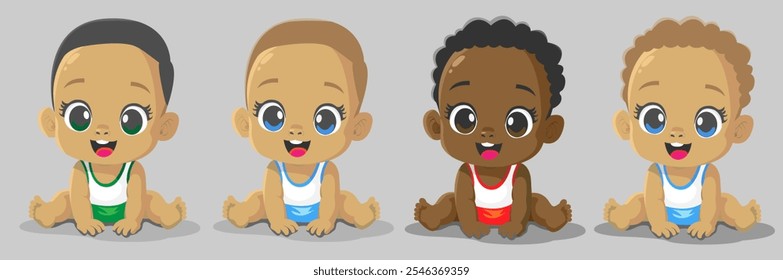 Four babies with different eye colors, bodies, and hair, a boy aged 1-3.