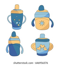 Four baby boy bottles on white background