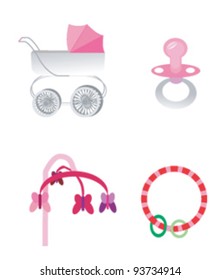 four baby elements including retro stroller, pacifier, butterfly mobile and ring rattle