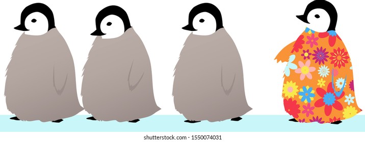 Four baby penguins in a row, the last one is brightly colored and different from his siblings, EPS 8 vector illustration