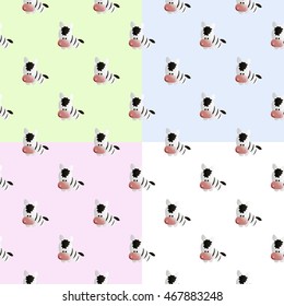 Four baby seamless pattern with a cute african zebra, on a green, blue, pink and white background