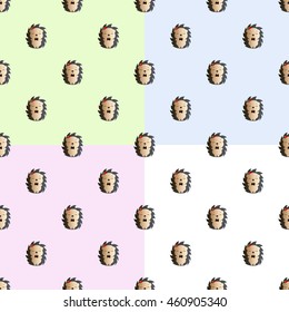 Four baby seamless pattern with hedgehog with a bow tie and red apple on the his head, on a green, blue, pink and white background