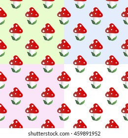 Four baby seamless pattern with mushroom with red cap, white dots and white stipe - fly bane, on a green, blue, pink and white background