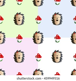 Four baby seamless pattern with mushroom with red cap, white dots and white stipe - fly bane, and hedgehog with a bow tie and red apple on the his head. on a green, blue, pink and white background