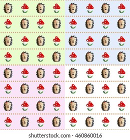 Four baby seamless pattern with mushroom with red cap, white dots and white stipe - fly bane, and hedgehog with a bow tie and red apple on the his head, on a green, blue, pink and white background