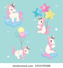 four baby unicorns magic icons