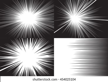 Four background for comic books. Radial and horizontal speed lines. Black and white vector illustration