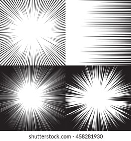 Cuatro antecedentes para los cómics. Líneas de velocidad radiales y horizontales. Ilustración vectorial en blanco y negro
