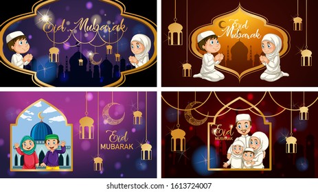 Four background designs for Muslim festival Eid Mubarak illustration
