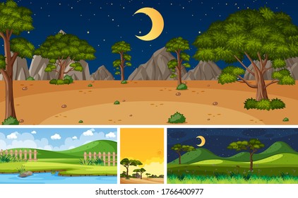 Four background different nature scenes with green trees in different times illustration