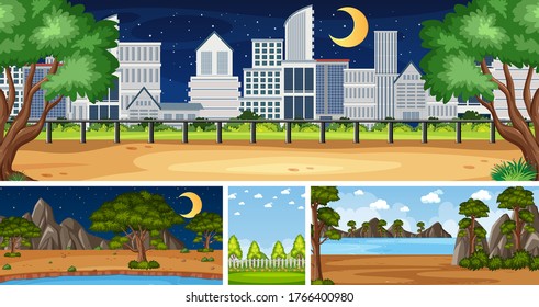 Four background different nature scenes with green trees in different times illustration
