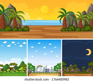 Four background different nature scenes with green trees in different times illustration