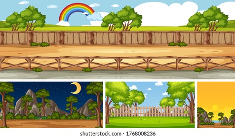 Four background different nature scenes with green trees in different times illustration