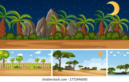 Four background different nature scenes with green trees in different times illustration