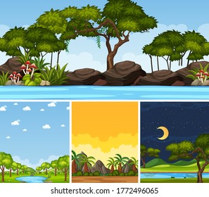 Four background different nature scenes with green trees in different times illustration