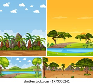 Four background different nature scenes with green trees in different times illustration