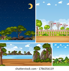 Four background different nature scenes with green trees in different times illustration