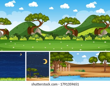 Cuatro escenas de naturaleza diferentes de fondo con árboles verdes en diferentes ilustraciones de tiempos