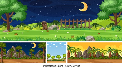 Cuatro escenas de naturaleza diferentes de fondo con árboles verdes en diferentes ilustraciones de tiempos