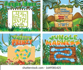 Four background for game template with jungle theme illustration