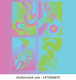 four background images using a gradient of bright colors, pink, green, blue. Abstract, soft shapes.