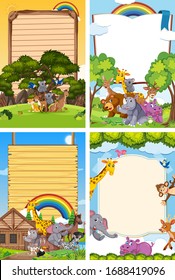 Four background scene with board template and many wild animals illustration