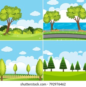 Four background scene with green trees illustration