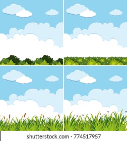 Cuatro escenas de fondo con cielo azul e ilustración de hierba verde