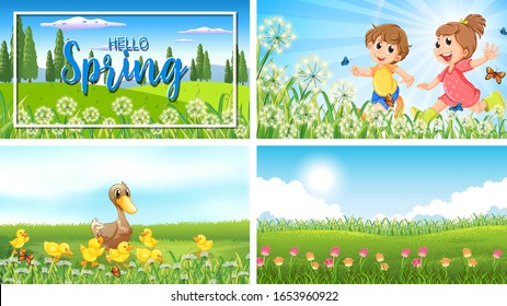 Cuatro escenas de fondo con niños y animales en la ilustración del parque