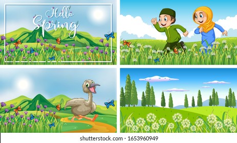 Cuatro escenas de fondo con niños y animales en la ilustración del parque