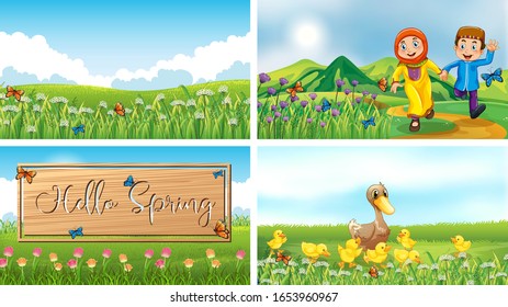Four background scenes with children and animals in the park illustration