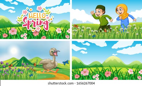Four background scenes with children and animals in the park illustration