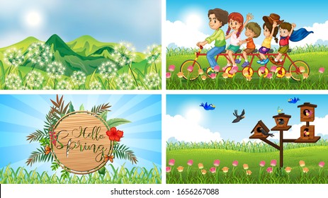 Cuatro escenas de fondo con niños y animales en la ilustración del parque