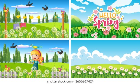 Vier Hintergrundbilder mit Kindern und Tieren in der Parkgrafik