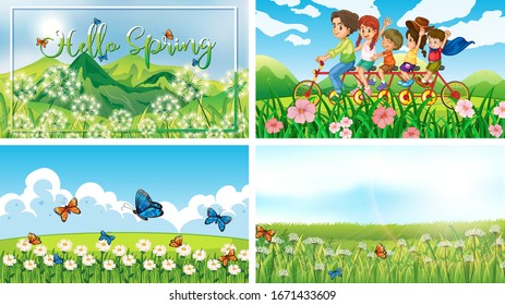 Four background scenes with children and animals in the park illustration