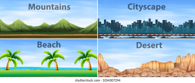 Four background scenes of different places illustration