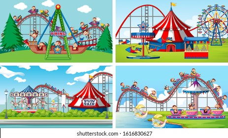 Four background scenes with happy monkeys riding in the park illustration