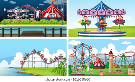 Four background scenes with happy monkeys in the circus park illustration