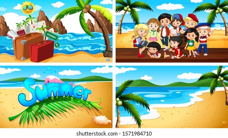 Cuatro escenas de fondo con niños en la ilustración de la playa