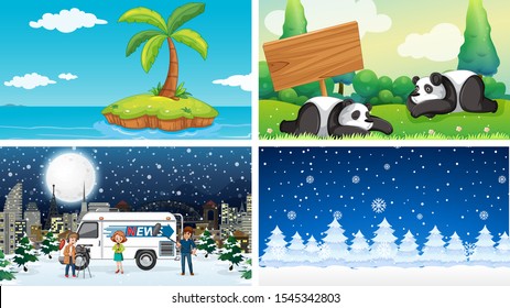 Four background scenes of nature illustration