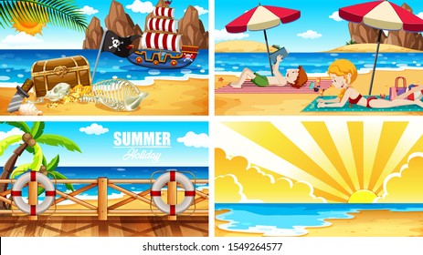 Four background scenes with people on the beach illustration