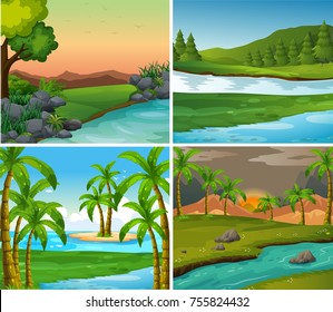 Four Background Scenes Rivers Field Illustration Stock Vector (Royalty ...