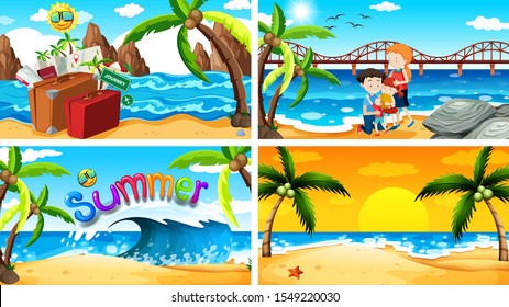 Vier Hintergrundbilder mit Sommer auf Strandgrafik