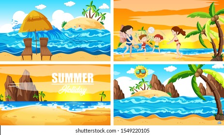 Vier Hintergrundbilder mit Sommer auf Strandgrafik