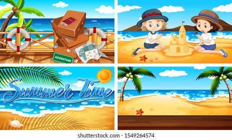 Four background scenes with summer on the beach illustration