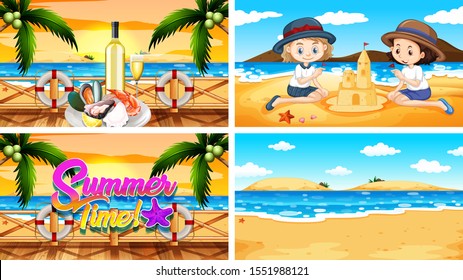 Vier Hintergrundbilder mit Sommer auf Strandgrafik