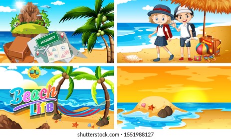 Four background scenes with summer on the beach illustration