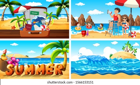 Four background scenes with summer on the beach illustration