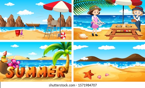 Cuatro escenas de fondo con el verano en la ilustración de la playa