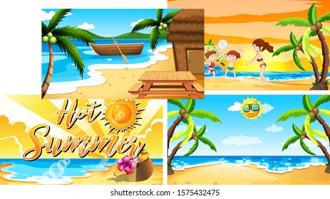 Four background scenes with summer on the beach illustration